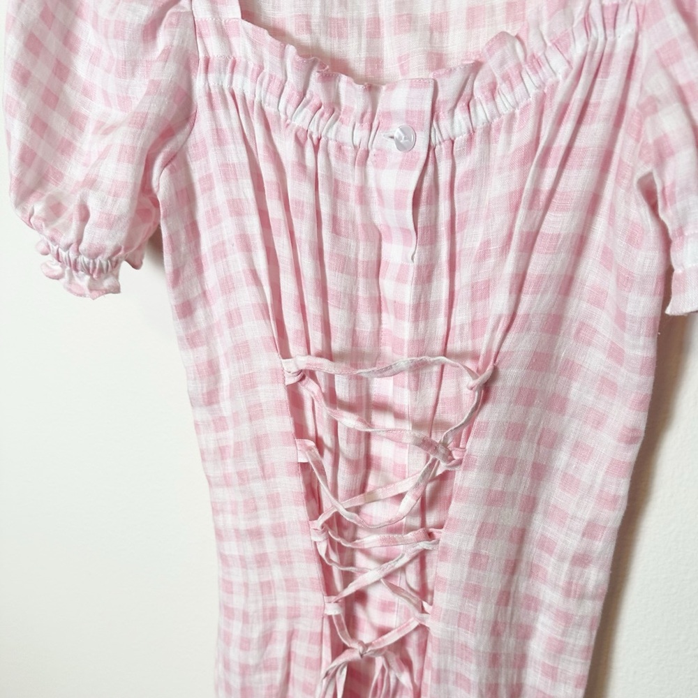 Sleeper Marquise Midi Dress Linen Pink Vichy Pink White Gingham Lace Up Medium - Picture 5 of 9